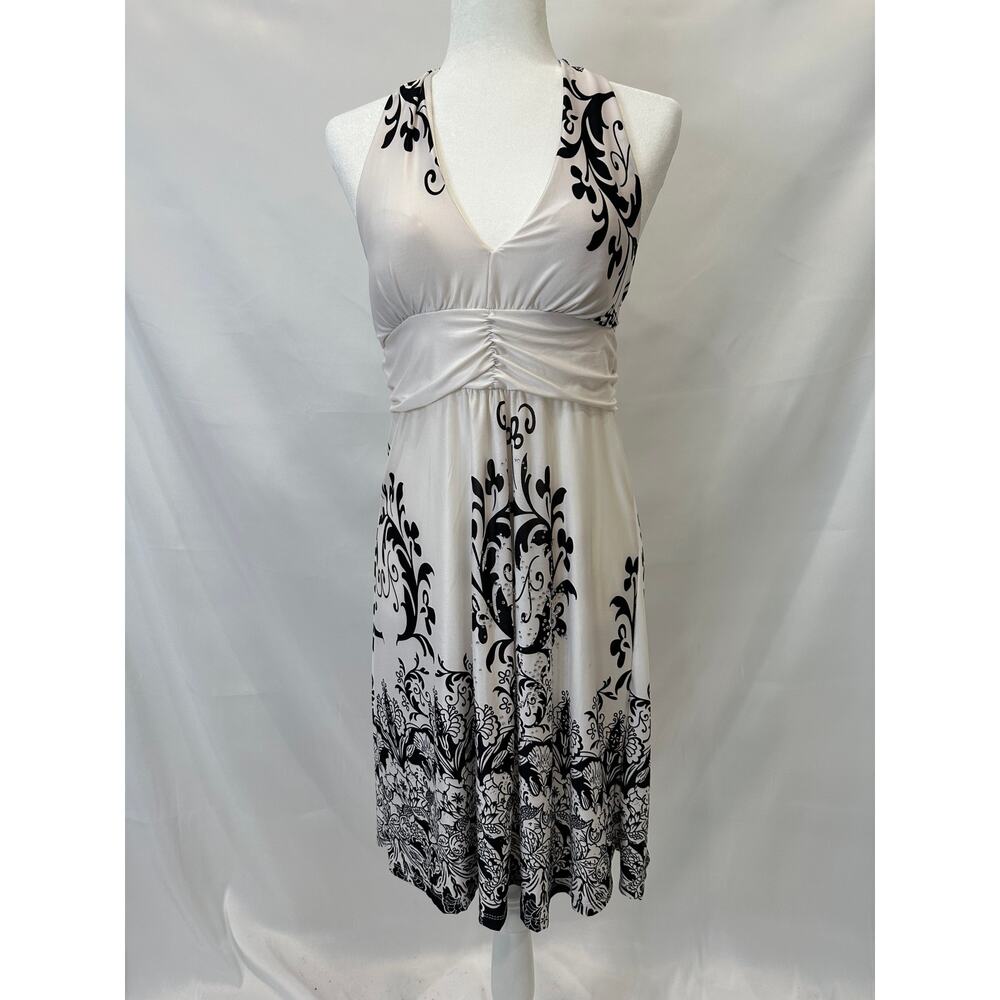 Mariposa Black & White Floral Design Halter Dress